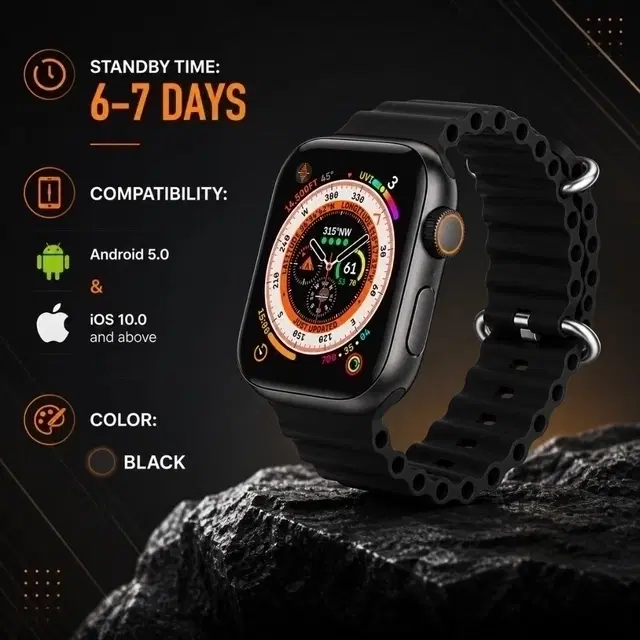 Ultra Smart Watch – 2.19” Hd Display, 100+ Sports Modes & Bluetooth Calling With Metal Shield Black