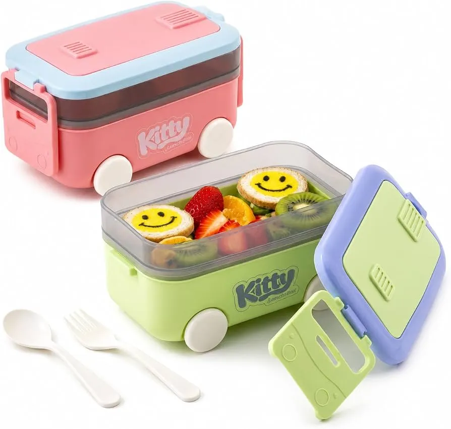 Cute Bus Shape Lunch Box For Kids, With Spoon & Fork